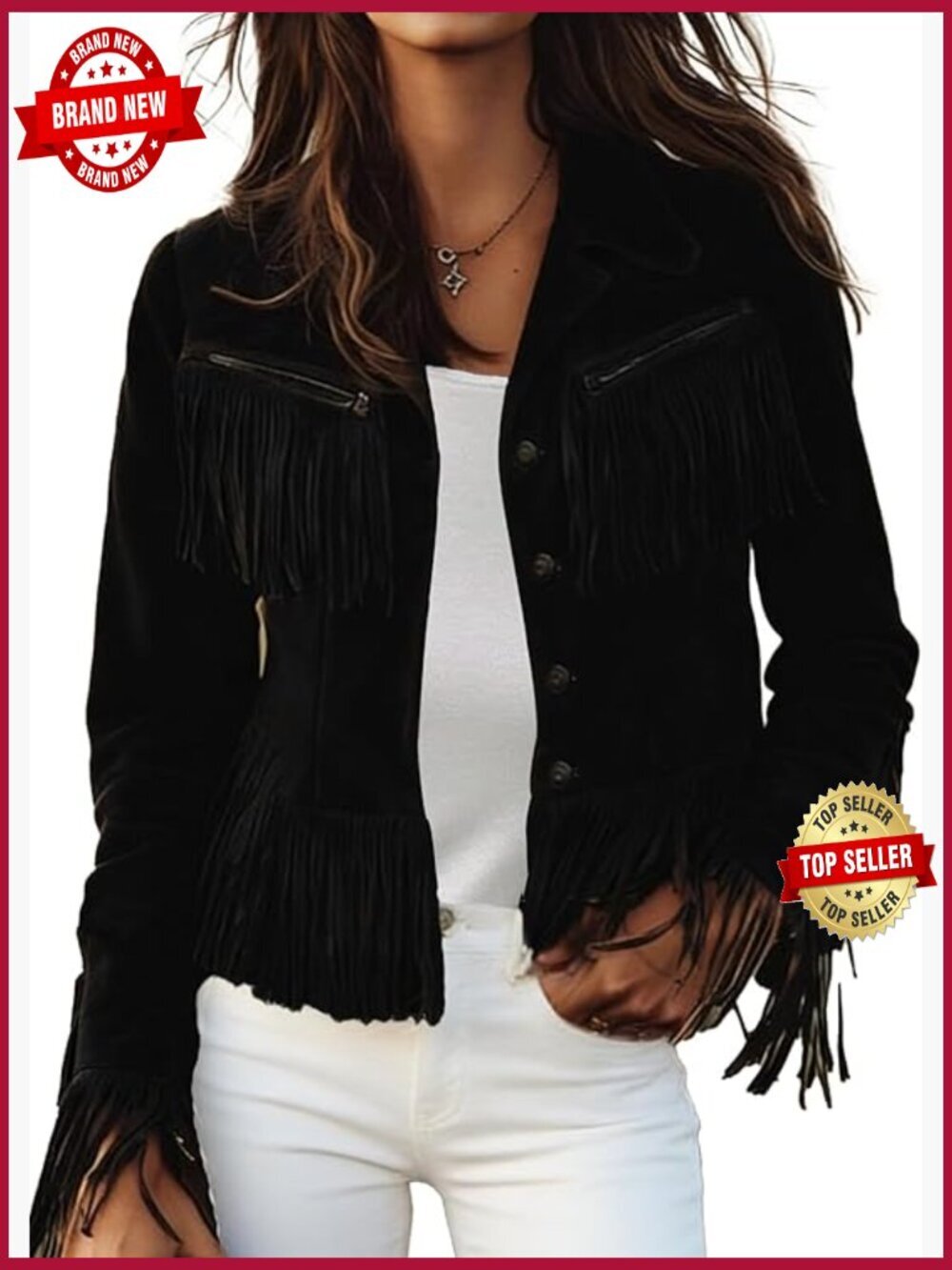 Fringe Faux Suede Tassel Button Up Western Cowgirl Jacket